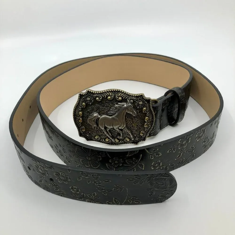 Women's Black Faux Leather Western Belt w/ Horse Buckle, 36.5-45.5 in, X7G9A966